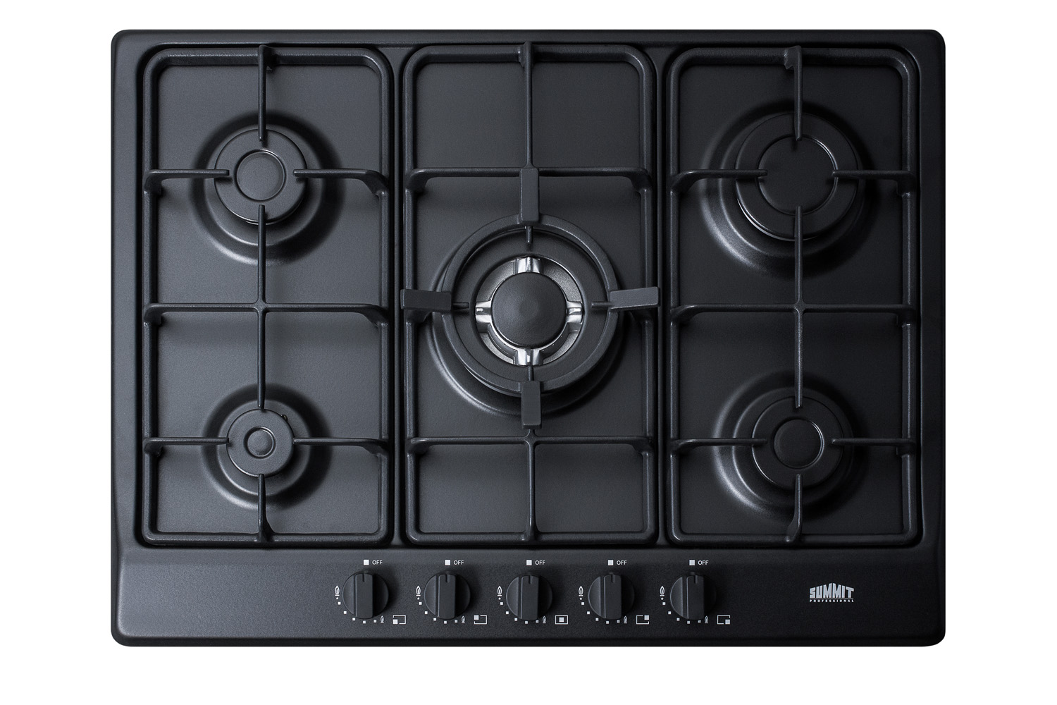 5-burner gas cooktop made in Italy in a black matte finish with sealed burners, cast iron grates, and wok stand; fits standard 24